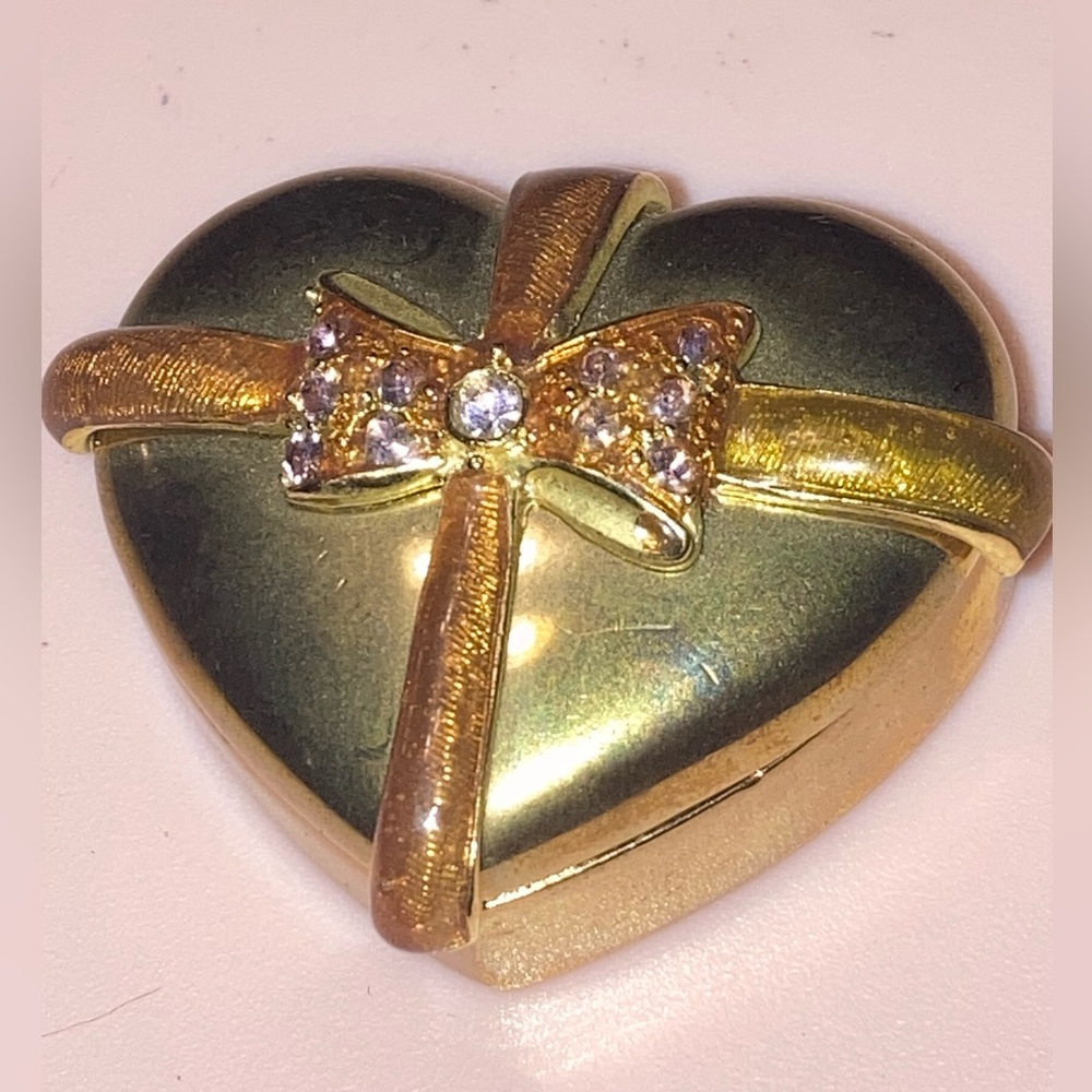 Brass Heart shaped tinker box with bronze colored ribbon & Bow detailing.heavy